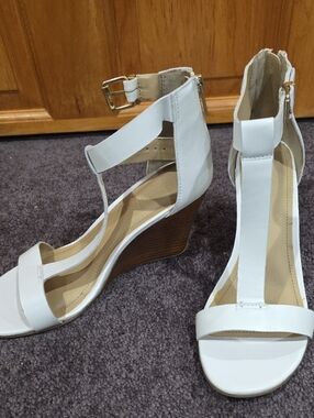 Women’s White T-Strap Wedge Sandals